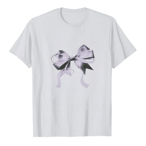 DeHolifer Womens T-shirts Bowknot Graphic Pritned Short Sleeve Crewneck T-shirts Loose Casual Fashion Blouse Tops White L