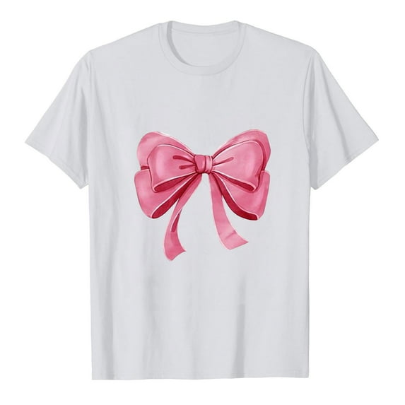 DeHolifer Womens T-shirts Bowknot Graphic Pritned Short Sleeve Crewneck T-shirts Loose Casual Fashion Blouse Tops White XL
