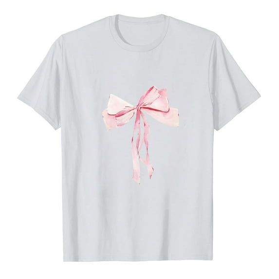 DeHolifer Womens T-shirts Bowknot Graphic Pritned Short Sleeve Crewneck T-shirts Loose Casual Fashion Blouse Tops White XL