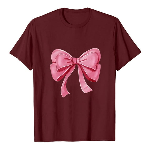 DeHolifer Womens T-shirts Bowknot Graphic Pritned Short Sleeve Crewneck T-shirts Loose Casual Fashion Blouse Tops Wine 3XL