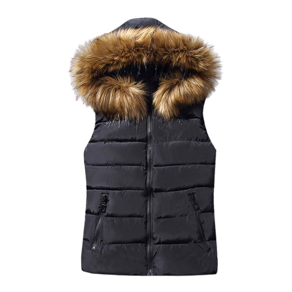 Puffer Vest for Women with Faux Fur Hood Sleeveless Casual Warm Waistcoat Hoodie Zip up Quilted Jacket Coat Large Black Walmart