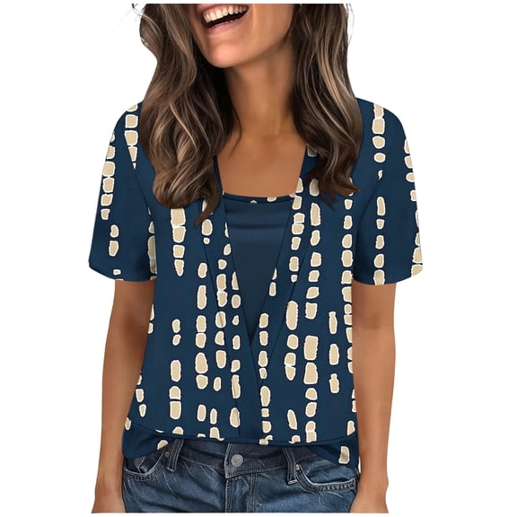 DeHolifer Womens Tops 2 in 1 V-Neck Shirts Casual Printed T-Shirts Summer Trendy Beach Vacation Blouses Dark Blue S