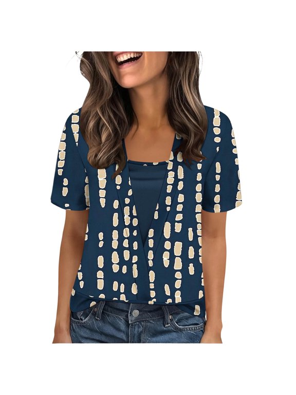 Womens Tops 2 in 1 V-Neck Shirts Casual Printed T-Shirts Summer Trendy Beach Vacation Blouses Dark Blue S