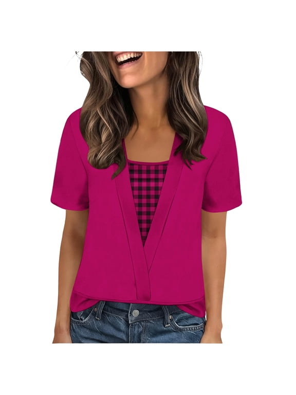 Womens Tops 2 in 1 V-Neck Shirts Casual Printed T-Shirts Summer Trendy Beach Vacation Blouses Hot Pink XL