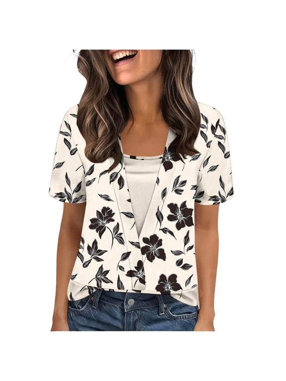 Womens Tops 2 in 1 V-Neck Shirts Casual Printed T-Shirts Summer Trendy Beach Vacation Blouses Khaki M