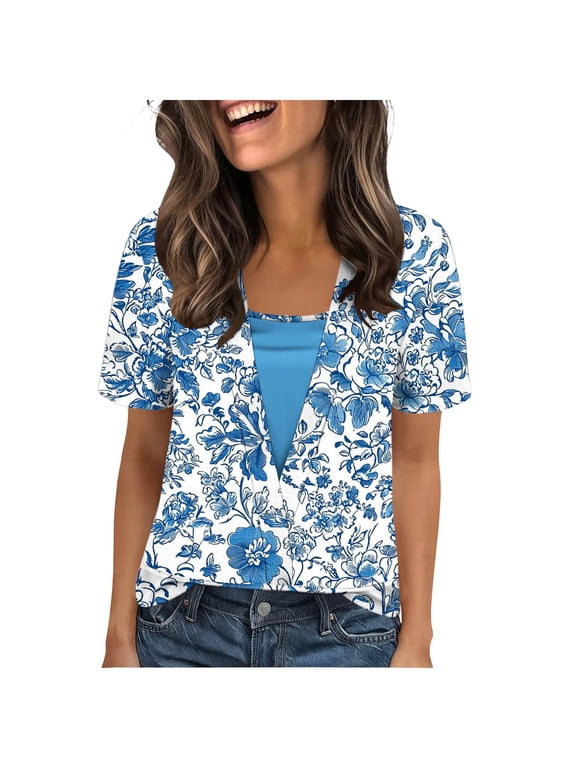 Womens Tops 2 in 1 V-Neck Shirts Casual Printed T-Shirts Summer Trendy Beach Vacation Blouses Light Blue XL
