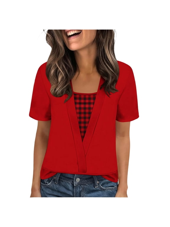 Womens Tops 2 in 1 V-Neck Shirts Casual Printed T-Shirts Summer Trendy Beach Vacation Blouses Red S