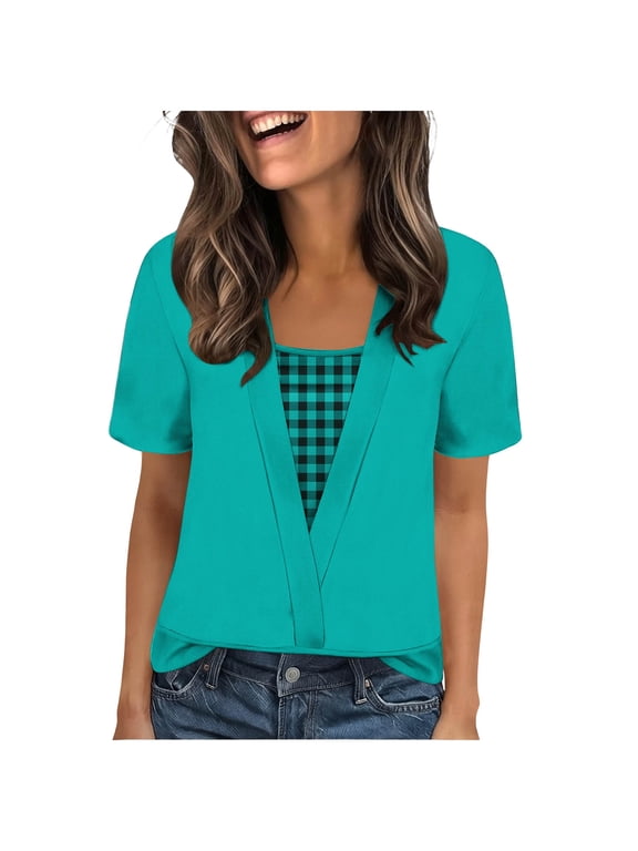 Womens Tops 2 in 1 V-Neck Shirts Casual Printed T-Shirts Summer Trendy Beach Vacation Blouses Sky Blue M