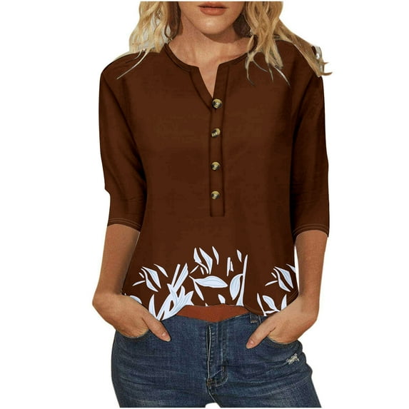 DeHolifer Womens Tops 3/4 Sleeve V-Neck Button Color Block Tunic Tops Summer Casual Fashion T Shirt Brown XL
