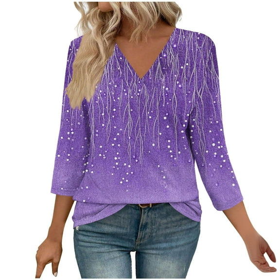 DeHolifer Womens Tops 3/4 Sleeve V-Neck Sequin Printed Casual Loose Blouse T-Shirts Summer Trendy Tee Tops Purple XL