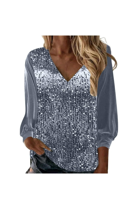 DeHolifer Womens Tops 3/4 Sleeve V-Neck Sequined Pleuche Pullover Tops Loose Casual Spring Fashion Blouses Silver XL