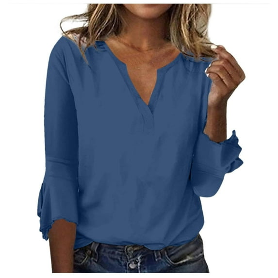 DeHolifer Womens Tops 3/4 Sleeve V Neck Shirt Casual Tunic T-Shirts Dressy Work Fall Blouse Tops Blue L