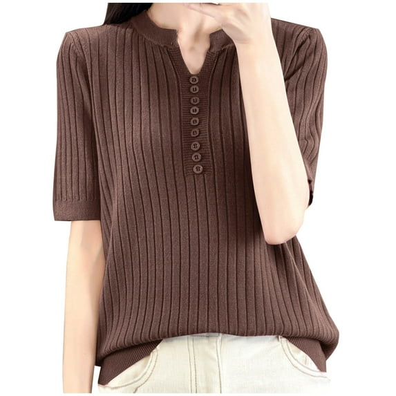 QQAMB Womens Tops Acrylic V-Neck Button Knit Solid Color Casual Short Sleeve Loose Comfy T-Shirts Coffee L