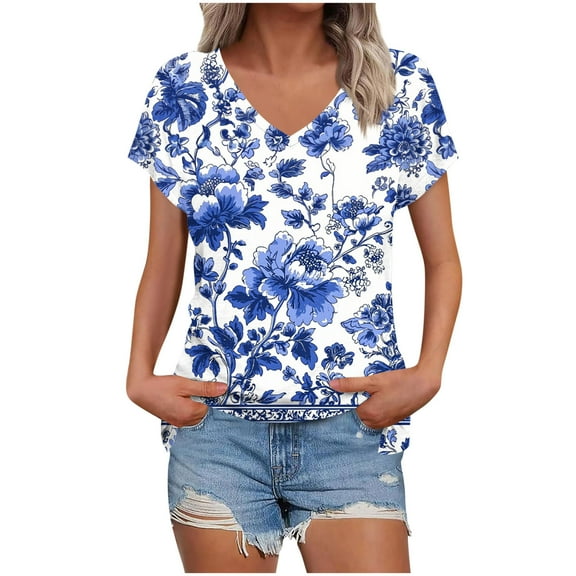 QQAMB Womens Tops Basic Summer V-Neck T Shirts Short Sleeve Dressy Casual Loose Cute Tee Clothes Trendy Fashion Outfits Blue L