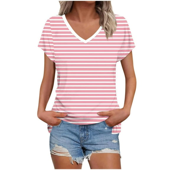 DeHolifer Womens Tops Basic Summer V-Neck T Shirts Short Sleeve Dressy Casual Loose Cute Tee Clothes Trendy Fashion Outfits Pink L