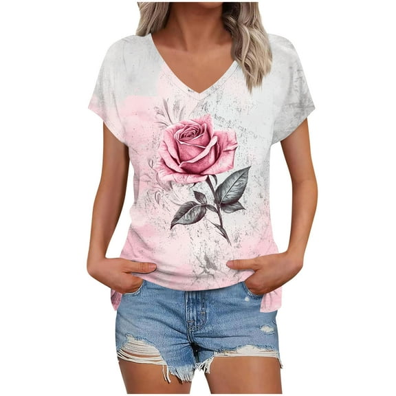 DeHolifer Womens Tops Basic Summer V-Neck T Shirts Short Sleeve Dressy Casual Loose Cute Tee Clothes Trendy Fashion Outfits Pink S