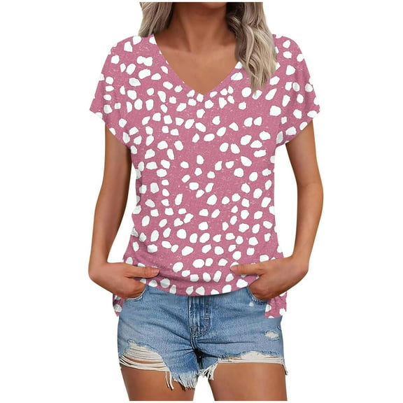 DeHolifer Womens Tops Basic Summer V-Neck T Shirts Short Sleeve Dressy Casual Loose Cute Tee Clothes Trendy Fashion Outfits Pink S