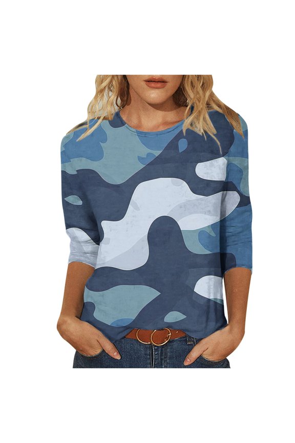DeHolifer Womens Tops Camouflage 3/4 Sleeve Crewneck T-Shirts Blouse Trendy Casual Loose Workout T-Shirts Army Green L