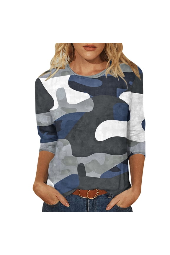 Womens Tops Camouflage 3/4 Sleeve Crewneck T-Shirts Blouse Trendy Casual Loose Workout T-Shirts Army Green L