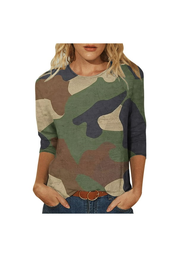 DeHolifer Womens Tops Camouflage 3/4 Sleeve Crewneck T-Shirts Blouse Trendy Casual Loose Workout T-Shirts Army Green M