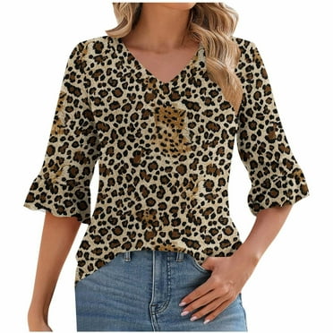 DeHolifer Womens Tops Casual V-Neck Shirts Floral Pritned Blouse Ruffle Tunics 3/4 Sleeve Lightweight T-Shirts Khaki M