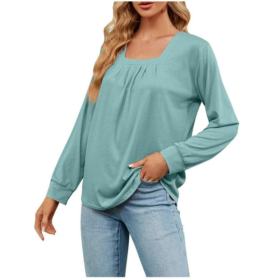 DeHolifer Womens Tops Fall Fashion Square Neck Solid Color Pleated Long Sleeve Loose Casual Blouse Tops Green XL