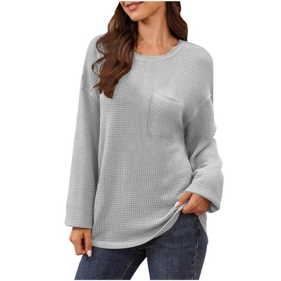 DeHolifer Womens Tops Fall Long Sleeve Crewneck Waffle Knit Shirts Business Casual Blouses Basic Shirts Gray L