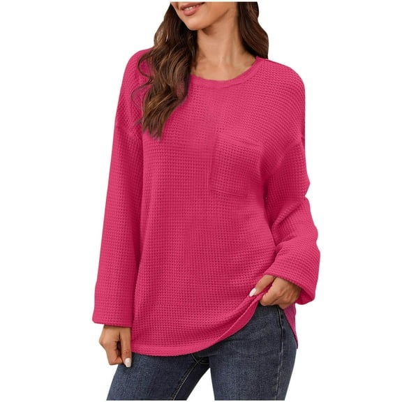 DeHolifer Womens Tops Fall Long Sleeve Crewneck Waffle Knit Shirts Business Casual Blouses Basic Shirts Hot Pink L