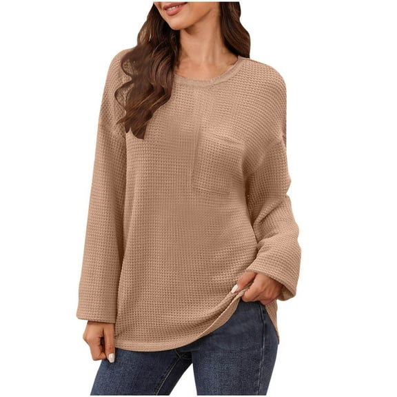 DeHolifer Womens Tops Fall Long Sleeve Crewneck Waffle Knit Shirts Business Casual Blouses Basic Shirts Khaki 2XL