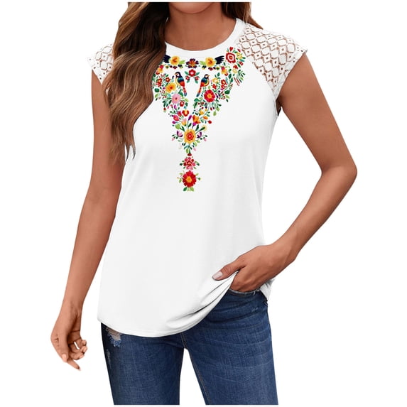 DeHolifer Womens Tops Floral Printed Crewneck Sleeveless Lace Patchwork Blouse Summer Trendy Tank Tops White 2XL