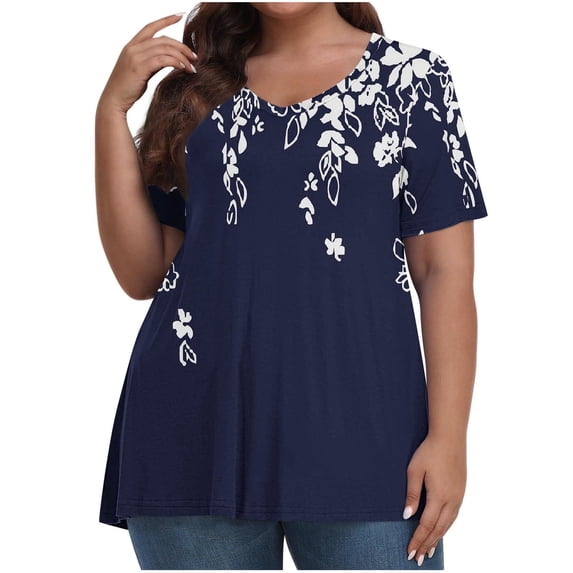 DeHolifer Womens Tops Loose Plus Size V-Neck Leaves Print Short Sleeve Summer Casual Blouse Tops Oversized T Shirts for Women Navy 3XL
