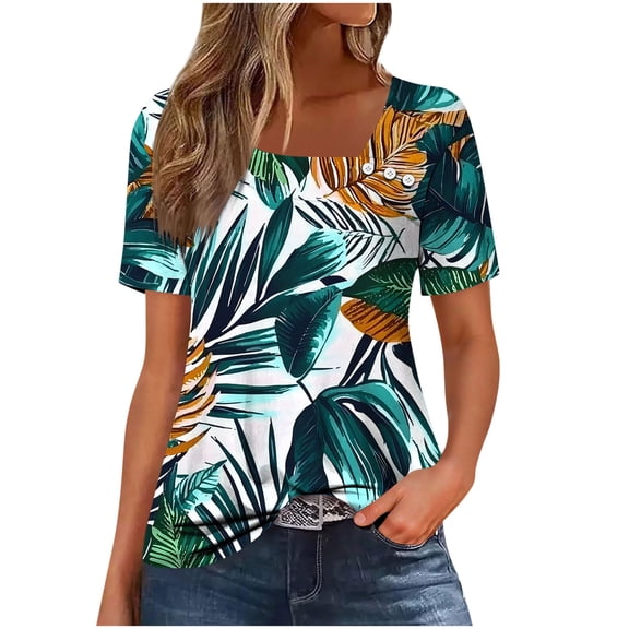 QQAMB Womens Tops Petal Sleeve Floral Printed Summer Trendy T-Shirt Casual Loose Square Neck Button Blouse Tees Green 2XL