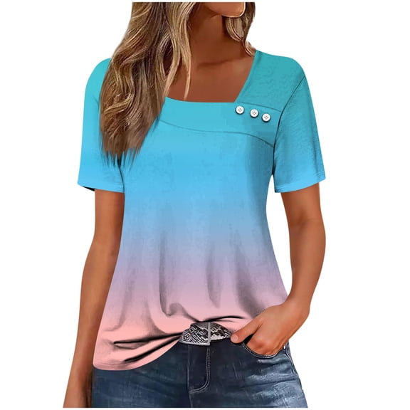 DeHolifer Womens Tops Petal Sleeve Gradient Color Summer Trendy T-Shirt Casual Loose Square Neck Button Blouse Tees Sky Blue M