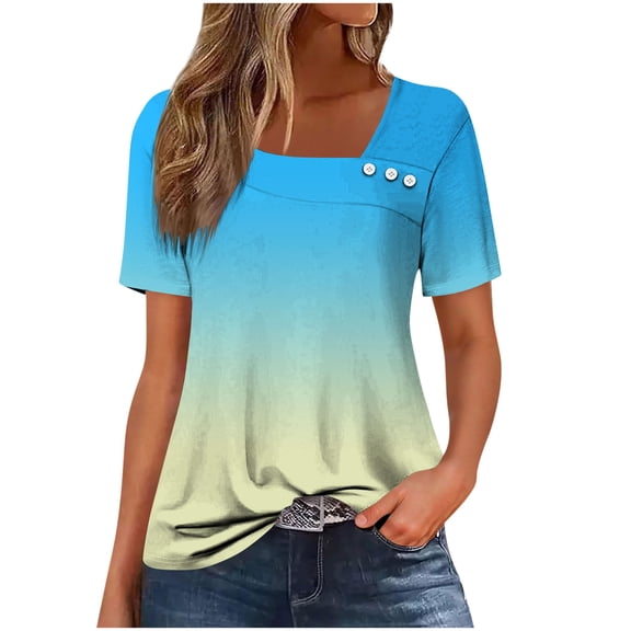 DeHolifer Womens Tops Petal Sleeve Gradient Color Summer Trendy T-Shirt Casual Loose Square Neck Button Blouse Tees Yellow XL