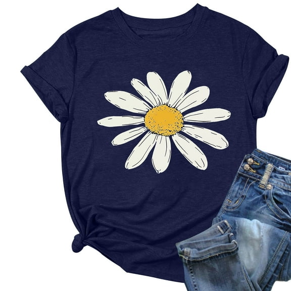 QQAMB Womens Tops Plus Size Daisy Graphic Printed Summer Trendy Crewneck Short Sleeve Tee Tops Dark Blue M