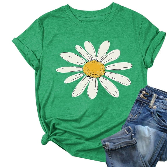 QQAMB Womens Tops Plus Size Daisy Graphic Printed Summer Trendy Crewneck Short Sleeve Tee Tops Green 2XL