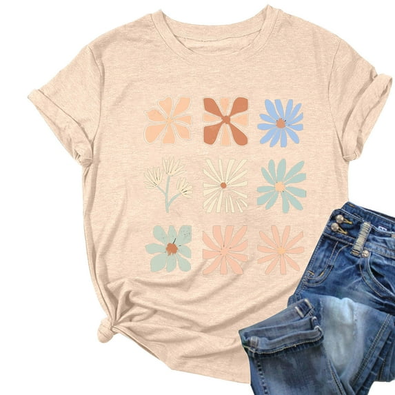 QQAMB Womens Tops Plus Size Daisy Graphic Printed Summer Trendy Crewneck Short Sleeve Tee Tops Khaki L