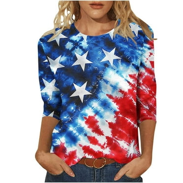 DeHolifer Womens Tops Plus Size Independence Day Printed 3/4 Sleeve Crewneck Lightweight Summer Trendy Tunic Tops Multicolor S