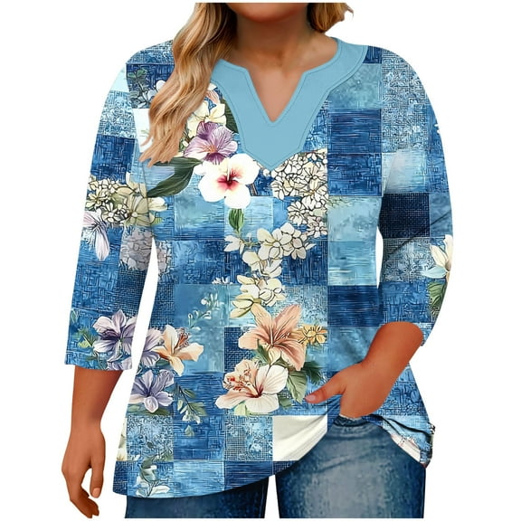 QQAMB Womens Tops Plus Size V-Neck 3/4 Sleeve Floral Printed Casual Loose Lightweight Oversized T-Shirts Blue XL