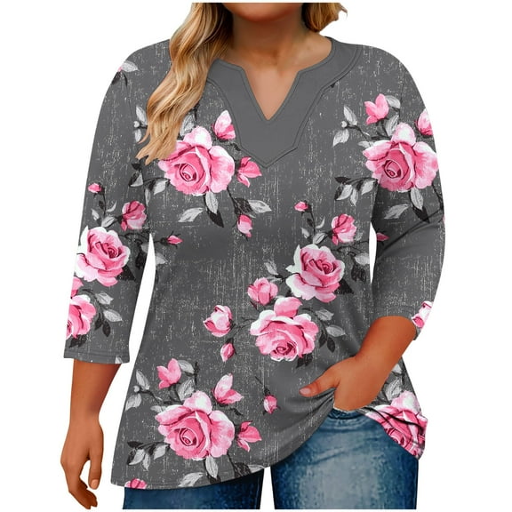 DeHolifer Womens Tops Plus Size V-Neck 3/4 Sleeve Floral Printed Casual Loose Lightweight Oversized T-Shirts Gray 4XL
