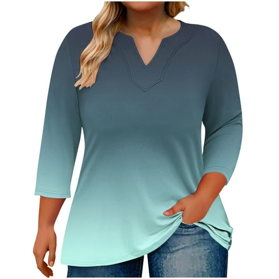 DeHolifer Womens Tops Plus Size V-Neck 3/4 Sleeve Gradient Color Casual Loose Lightweight Oversized T-Shirts Army Green 3XL