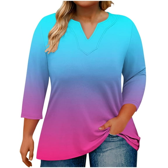 QQAMB Womens Tops Plus Size V-Neck 3/4 Sleeve Gradient Color Casual Loose Lightweight Oversized T-Shirts Sky Blue 4XL