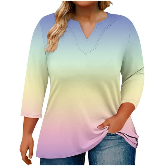 QQAMB Womens Tops Plus Size V-Neck 3/4 Sleeve Gradient Color Casual Loose Lightweight Oversized T-Shirts Yellow 3XL