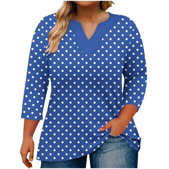 DeHolifer Womens Tops Plus Size V-Neck 3/4 Sleeve Novelty Printed Casual Loose Lightweight Oversized T-Shirts Blue 3XL