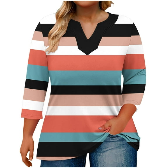 DeHolifer Womens Tops Plus Size V-Neck 3/4 Sleeve Strip Printed Casual Loose Lightweight Oversized T-Shirts Black 2XL