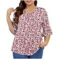 thumbnail image 1 of QQAMB Womens T-Shirts Plus Size 3/4 Sleeve Casual Printed V-Neck Pleated Summer Trendy Tunics Blouses Pink 2XL, 1 of 5