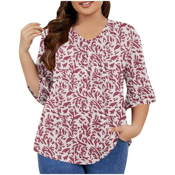 QQAMB Womens T-Shirts Plus Size 3/4 Sleeve Casual Printed V-Neck Pleated Summer Trendy Tunics Blouses Pink 2XL