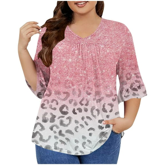 QQAMB Womens Tops Plus Size V-Neck Leopard Print 3/4 Sleeve Loose Casual Blouse Tops Oversized Ladies T Shirt Pink 5XL