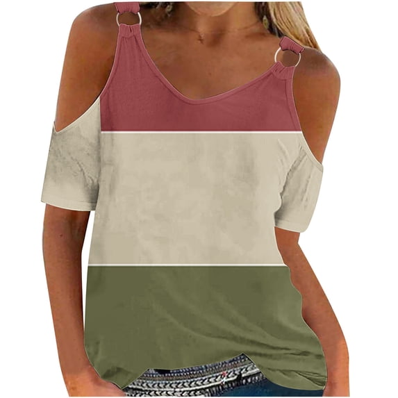 DeHolifer Womens Tops Short Sleeve Cold Shoulder Color Block V-Neck Blouse Tops Outdoor Daily Casual T-shirts Green S