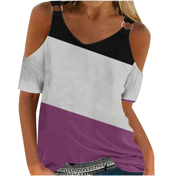 DeHolifer Womens Tops Short Sleeve Cold Shoulder Color Block V-Neck Blouse Tops Outdoor Daily Casual T-shirts Purple M
